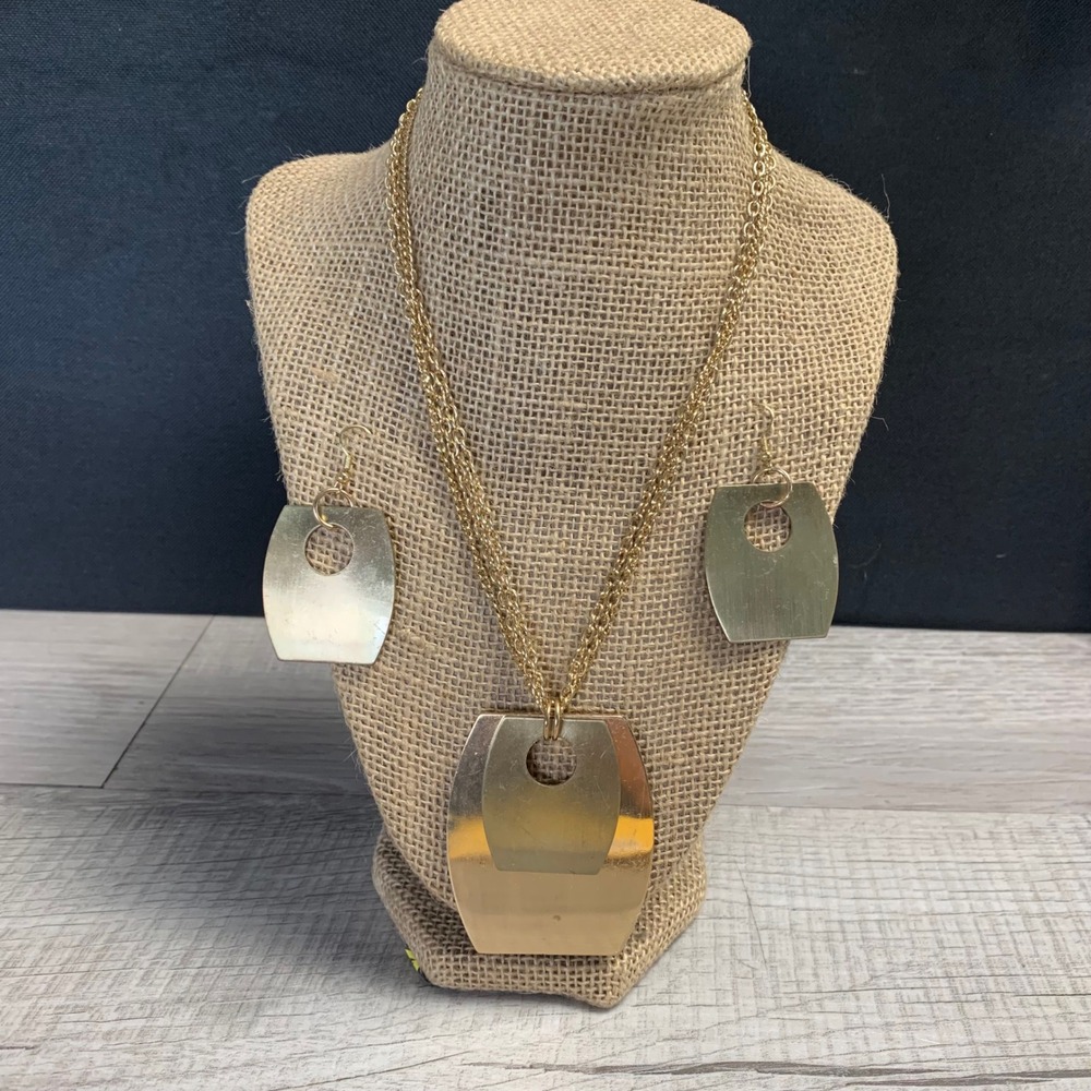 Gold Tone Geometric Shield Pendant Triple Strand Necklace and Earring Set 16"